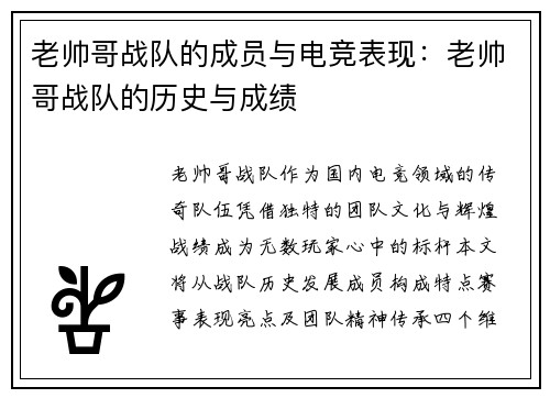 老帅哥战队的成员与电竞表现：老帅哥战队的历史与成绩